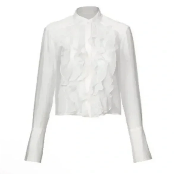 NWT $109 Cabi #4537 Noble Blouse L White Silky Ruffle Fall 2023 Long Sleeves - Picture 4 of 7